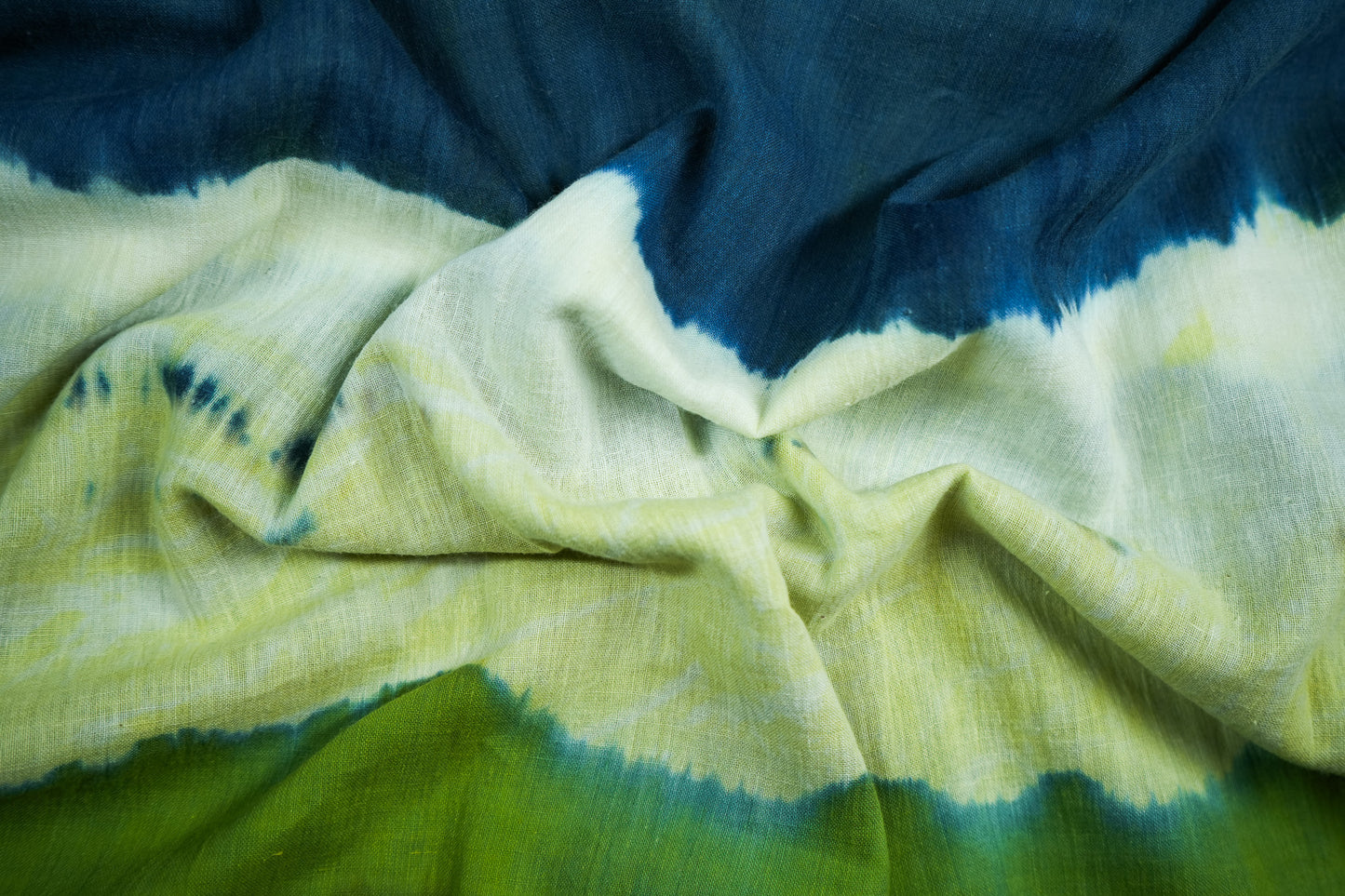 Indigo-yellow-green tie-dye muslin drape 5.5m