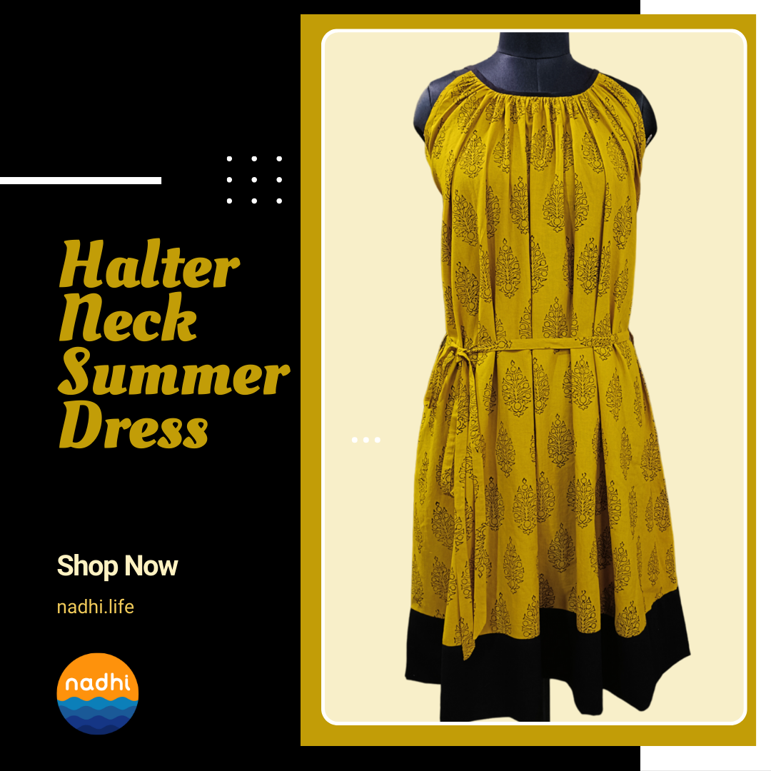 Halter Neck Cotton Dress dyed with Turmeric