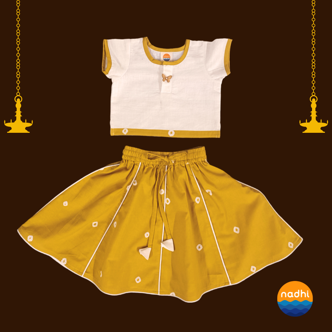 Yellow Bandhini festive girl baby cotton lehenga set