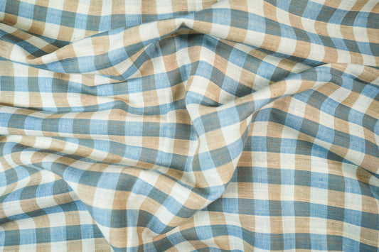 Boxy blue-white-mustard muslin checks