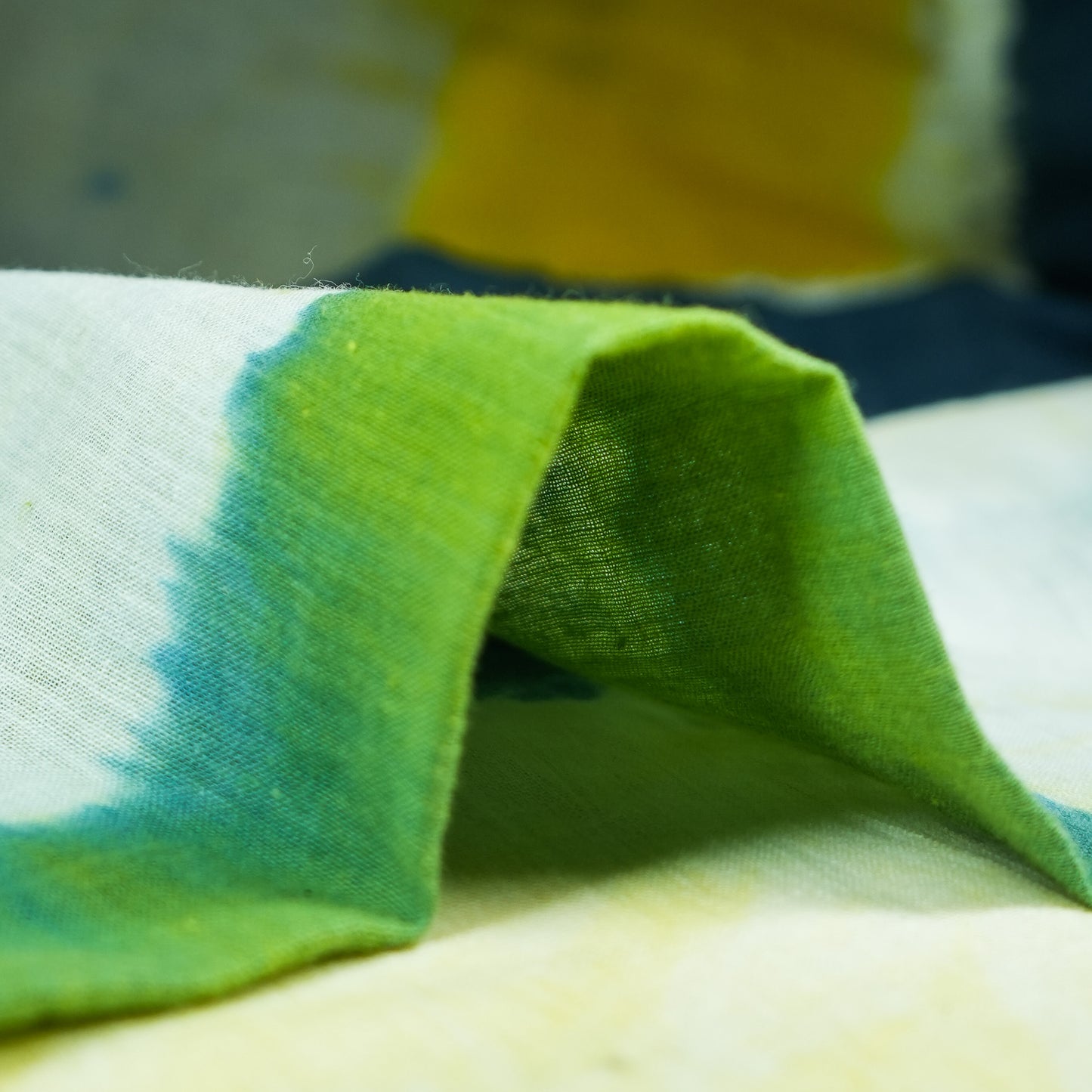 Indigo-yellow-green tie-dye muslin drape 5.5m