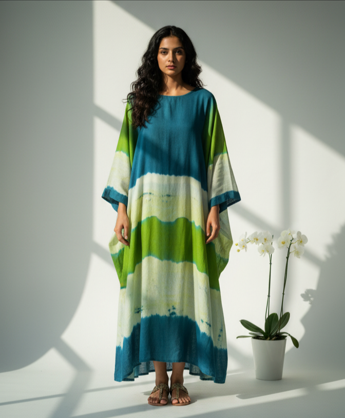 Indigo-yellow-green tie-dye muslin drape 5.5m