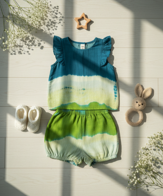 Indigo-yellow-green tie-dye muslin drape 5.5m